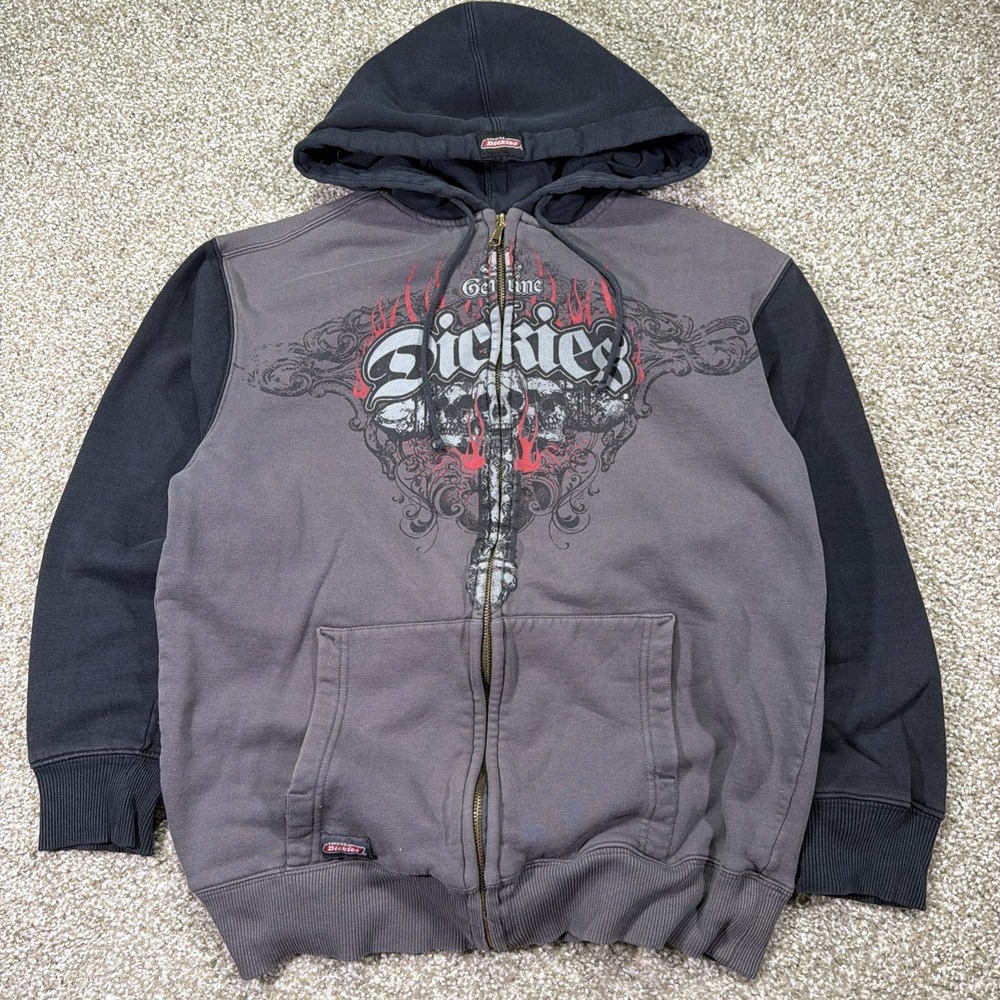 Vintage Dickies ZIPUP Hoodie Medium Y2k Grunge Skulls Two Tone Rare